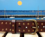 Leather Double Rivet Belt in Walnut Harness with 1-1/2" Antique Brass Buckle and Rivets