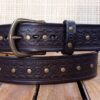 Geometric Embossed Leather Rivet Belt in Dark Brown with Antique Brass Buckle and Rivets