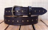 Geometric Embossed Leather Rivet Belt in Dark Brown with 1-1/2" Antique Brass Buckle and Rivets
