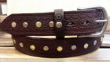 Geometric Embossed Leather Belt in Mahogany with 1-1/2" Satin Nickel Buckle with Brass and Silver Rivets