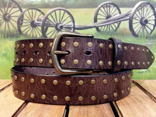 Leather Double Rivet Belt in Brown Vintage Glazed with 1-1/2" Antique Brass Buckle and Rivets