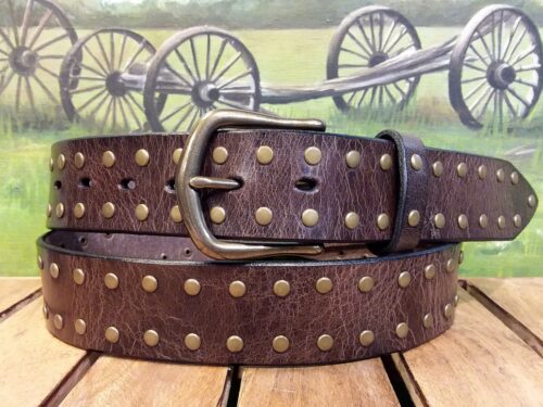 Leather Double Rivet Belt in Brown Vintage Glazed with Antique Brass Buckle