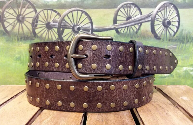Leather Double Rivet Belt in Brown Vintage Glazed with Antique Brass Buckle