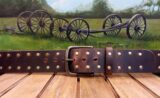 Leather Double Rivet Belt in Brown Distressed with 2" Antique Brass Buckle and Rivets