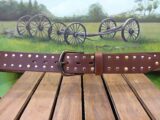 Leather Double Rivet Belt in Tan Oiled and Two Tone Brass and Silver Rivets with 1-1/2" Antique Brass Buckle and Rivets