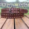 Leather Double Rivet Belt in Tan Oiled and Two Tone Brass and Silver