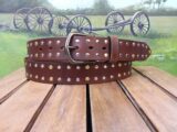 Leather Double Rivet Belt in Tan Oiled and Two Tone Brass and Silver Rivets with 1-1/2" Antique Brass Buckle