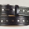 Geometric Embossed Leather Rivet Belt in Black with Nickel Plate Buckle and Silver Rivets