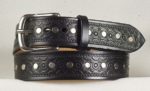 Geometric Embossed Leather Rivet Belt in Black in 1-1/2" Nickel Plate Buckle with Silver Rivets