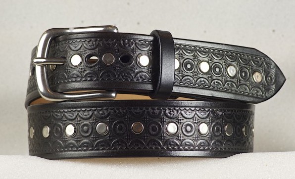 Geometric Embossed Leather Rivet Belt - Cellar Leather
