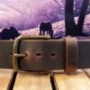 Wide Brown Distressed Leather Belt in Antique Brass