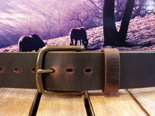 Wide Leather Belt in Crazy Horse Brown Distressed with 1-3/4" Antique Brass