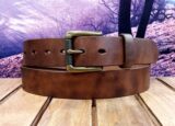 Vintage Crazy Horse Distressed Leather Belt in Bomber Brown with 1-3/8" Antique Brass Textured Roller Bar Buckle