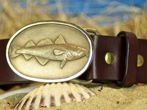 Big Cod Fish Leather Belt in Solid Brass