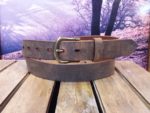Vintage Crazy Horse Distressed Leather Belt Shown in Crazy Horse Tan with 1-1/4" Antique Brass Buckle