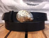 Chesapeake Oyster Shell Leather Belt on Black Vintage Glazed with White Bronze Silver Buckle