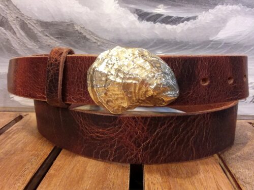 Chesapeake Oyster Shell Leather Belt on Dark Havana English Bridle Leather with Sterling Silver Buckle