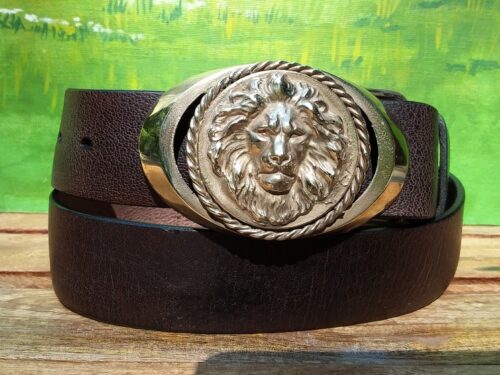 Lion Head Leather Belt on Brown Vintage Glazed with Solid Brass