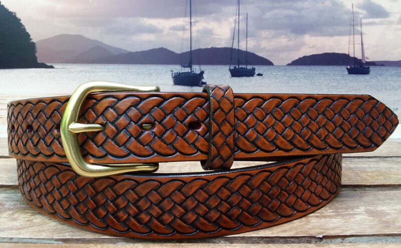 Embossed Braided Leather Belt in 1-1/4" Tan Antique Finish with Natural Brass