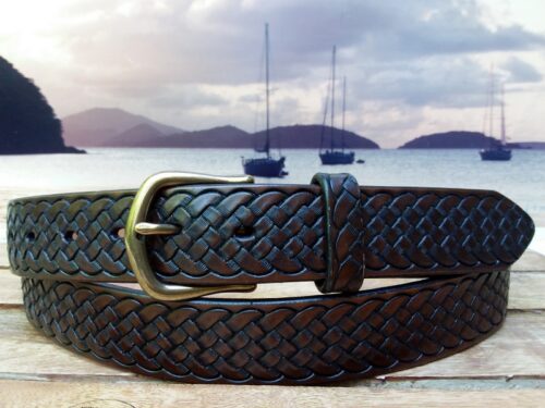 Embossed Braided Leather Belt in 1-1/4" Medium Brown Antique Finish with Antique Brass