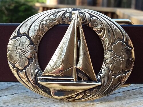 Cape Leather Sailboat Buckle on Etched Oval in Solid Brass