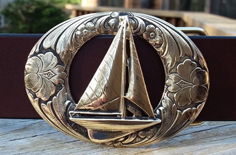 Cape Leather Sailboat Buckle on Etched Oval in Solid Brass
