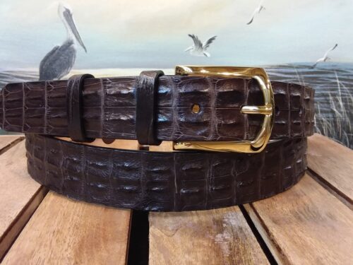 Nile Crocodile Leather Belt in Espresso with Polished Brass Dress Buckle