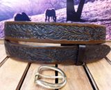 Western Horse Floral Leather Belt in 1-1/2" Medium Brown Antique Finish with Natural Brass