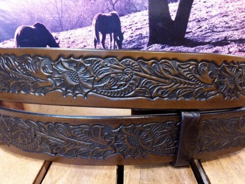 Western Horse Floral Leather Belt in 1-1/2" Medium Brown Antique Finish