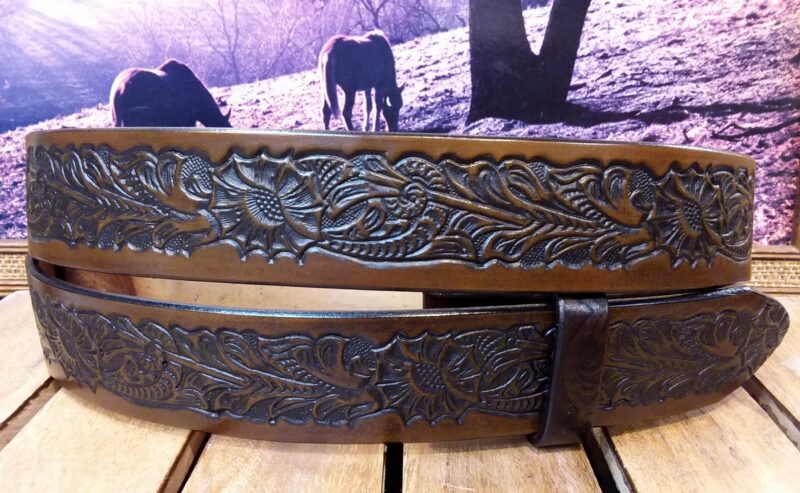 Western Horse Floral Leather Belt in 1-1/2" Medium Brown Antique Finish