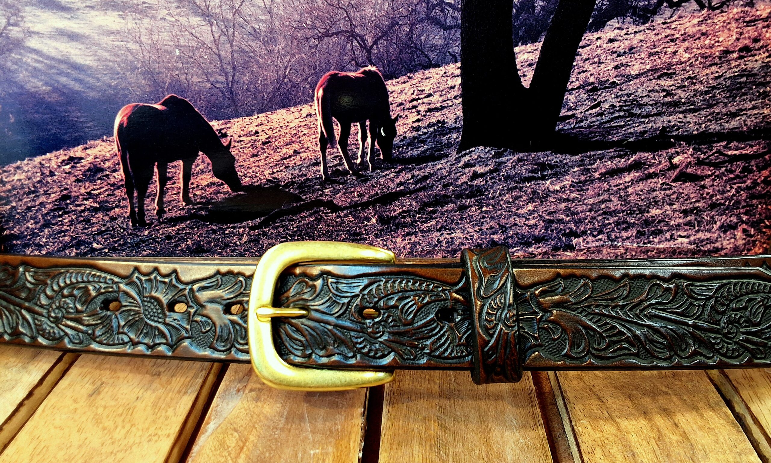 Floral Embossed Leather Belt in Medium Brown Antique Finish with 1-1/4" #5 Natural Brass Buckle