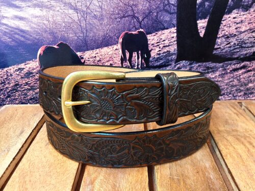 Floral Embossed Leather Belt in Medium Brown Antique Finish with 1-1/4" #5 Natural Brass Buckle Floral Embossed Leather Belt in Medium Brown Antique Finish with 1-1/4" #5 Natural Brass Buckle