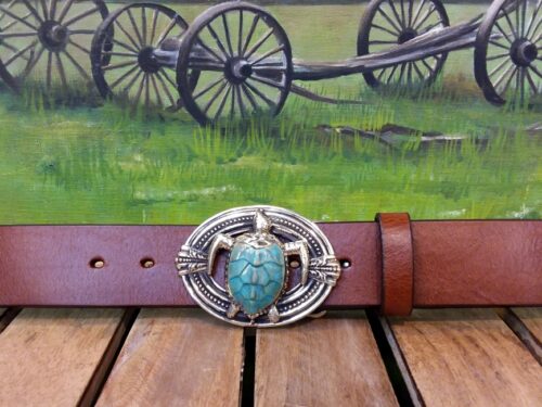 Green Sea Turtle Leather Belt on Tobacco Aztec Leather