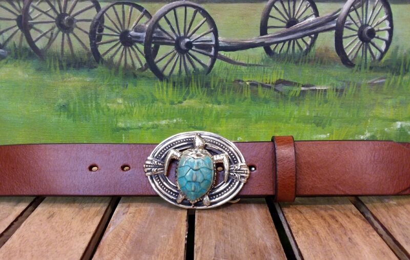 Green Sea Turtle Leather Belt on Tobacco Aztec Leather