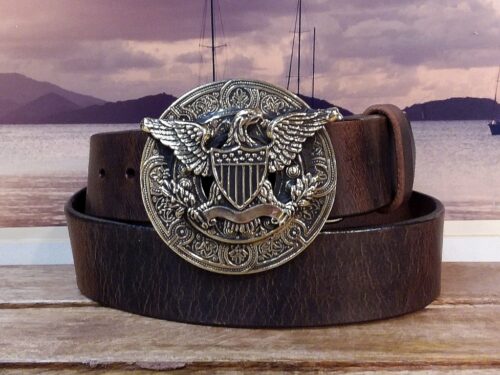 American Eagle Leather Belt in Solid Brass on Crazy Horse Brown Distressed