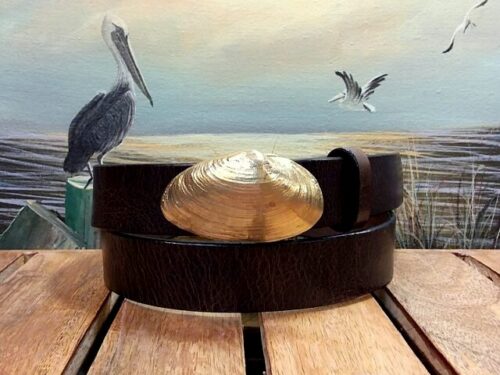 Artisan Handcrafted Soft Shell Steamer Clam Buckle Leather Belt with Yellow Bronze Buckle