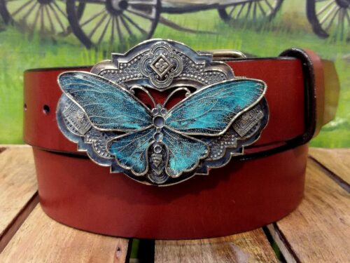 Artisan Handcrafted Butterfly Buckle Leather Belt on 1-1/2" Chestnut Bridle Leather