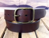 Center Bar Buckle Leather Belt in Brown Oiled with 1-1/2" Antique Brass Buckle