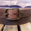 Center Bar Buckle Leather Belt in Tan Distressed with Antique Brass