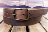 Center Bar Buckle Leather Belt in Tan Distressed with 1-1/2"Antique Brass Buckle