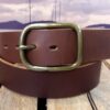 Tan Oiled Center Bar Buckle Leather Belt with Antique Brass