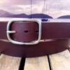 Burgundy Center Bar Buckle Leather Belt with Nickel Matte