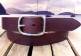 Center Bar Buckle Leather Belt in Burgundy Oiled with Nickel Matte