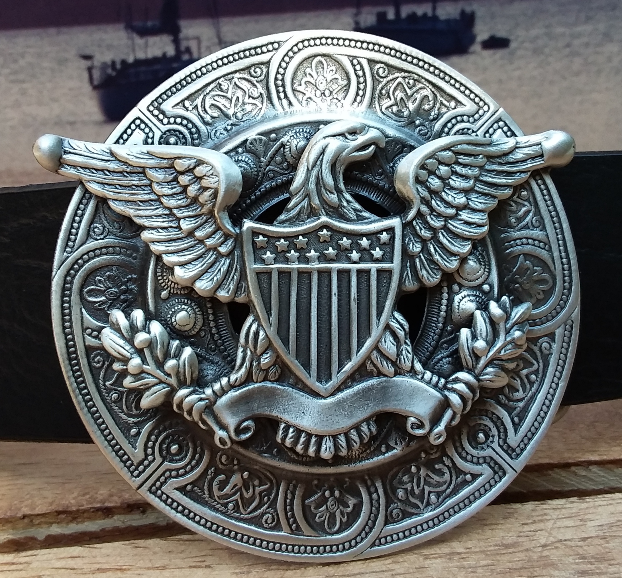 American Eagle head buckle in old brass finish