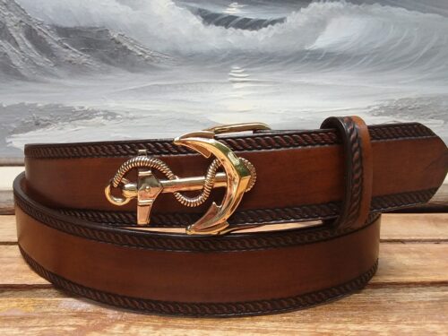 Anchor Rope Edge Leather Belt in Tan Antique Finish