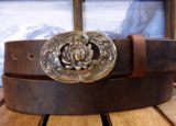 Lotus Flower Leather Belt on Tan Distressed in Solid Brass