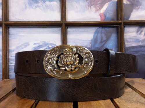 Lotus Flower Leather Belt on Brown Vintage Glazed in Solid Brass