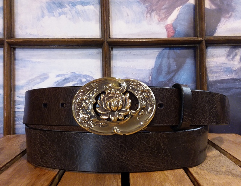 Lotus Flower Leather Belt on Brown Vintage Glazed in Solid Brass