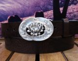 Lotus Flower Leather Belt on Brown Vintage Glazed in Silver Plate