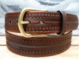 Ocean Wave Embossed Leather Belt in Tan Antique Finish with 1-1/2" Natural Brass Buckle